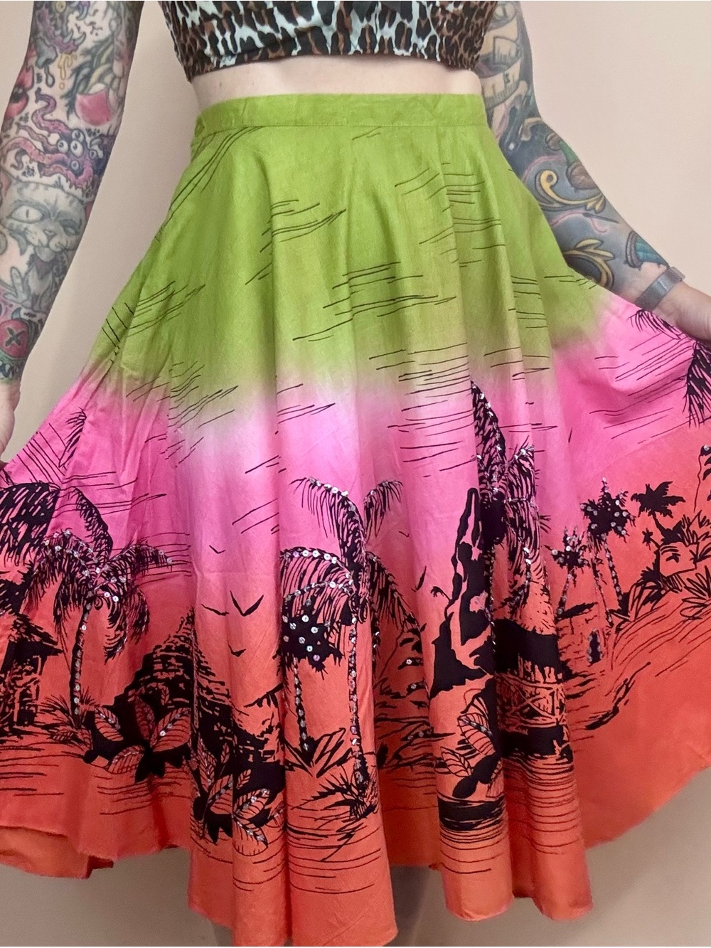 Angie Floral Tropical Ombre Embroidered Flare Skirt Small